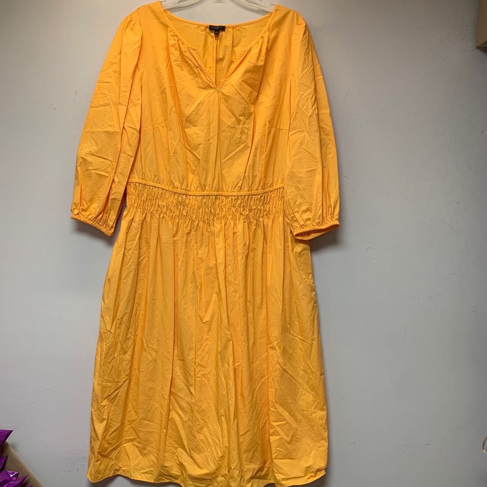 Talbots Midi Dress Womens 16W Yellow Excellent Smocked Waist Cotton V-Neck